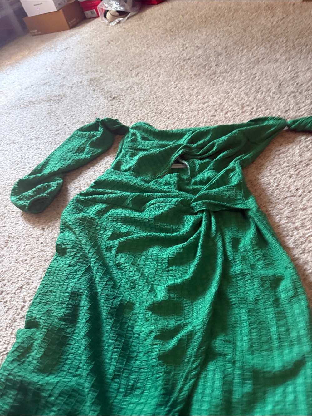 Green Textured Long Sleeve Women’s Dress